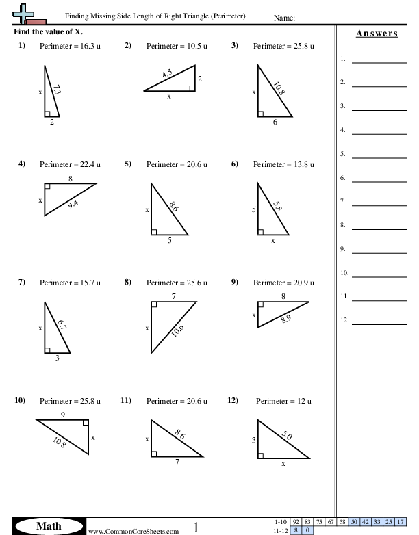 New Sheets - Finding Missing Side Length of Right Triangle (Area) worksheet